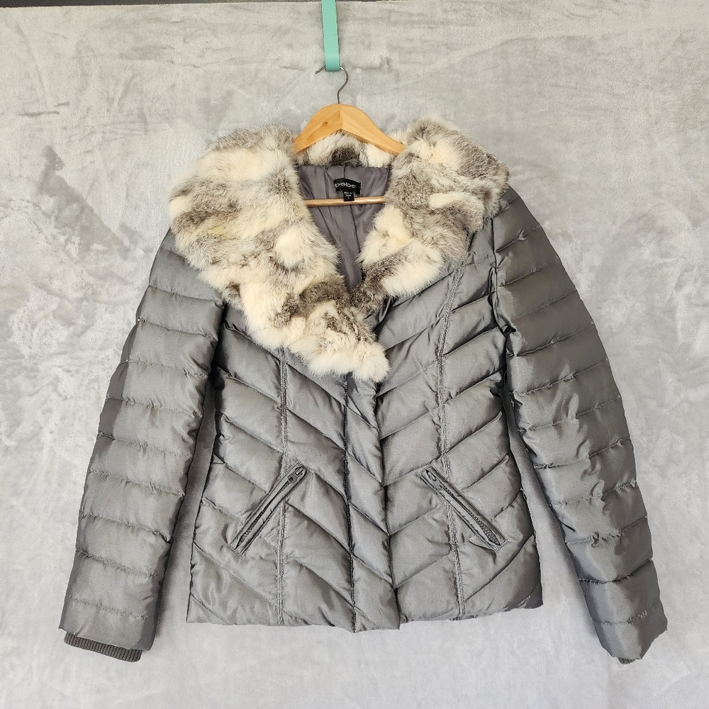 bebe Down Puffer Jacket Womens Small Rabbit Fur Collar Silver Gray Coat Y2K - Picture 10 of 11